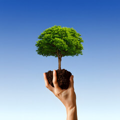 Supporting Life A Hand Holding a Tree with Soil Against a Clear Blue Sky Symbolizing Environmental Support and the Potential for Growth