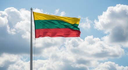 Lithuania National Flag Waving on Tall Flagpole in Sky with Clouds – Lithuania Independence Day Celebration, Patriotism, Freedom, Lithuanian Culture & Heritage