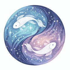 Elegant Pisces zodiac symbol with two fish in a circular design on a swirling cosmic background and stars
