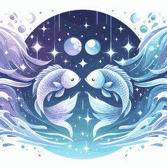 Stylized Pisces zodiac fish in a shimmering cosmic background with flowing waves