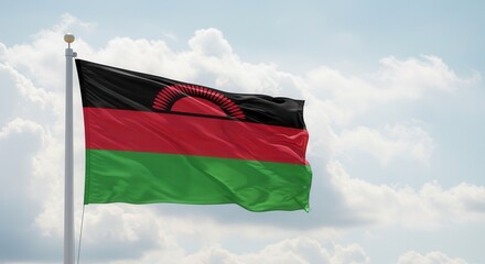 Malawi National Flag Waving on Tall Flagpole in Sky with Clouds – Malawi Independence Day Celebration, Patriotism, Freedom, Malawi Culture & Heritage