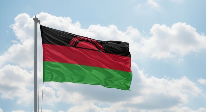 Malawi National Flag Waving on Tall Flagpole in Sky with Clouds – Malawi Independence Day Celebration, Patriotism, Freedom, Malawi Culture & Heritage