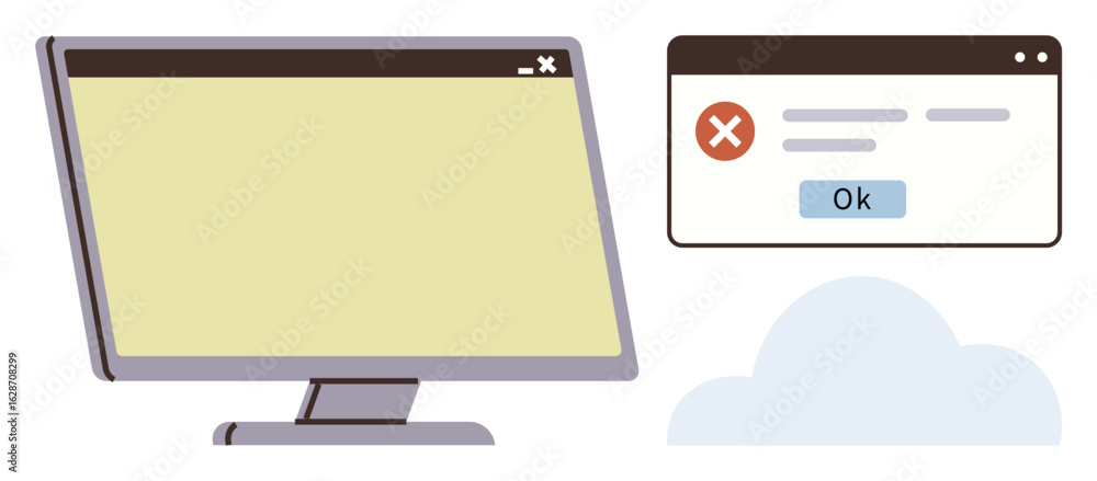 Poster desktop monitor, error popup window with red cross and ok button, and cloud icon suggesting online s