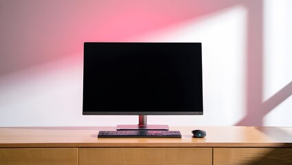 Modern computer monitor and peripherals on a wooden desk with soft lighting