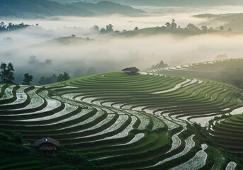 Misty Mountain Rice Terraces Landscape with Hut
