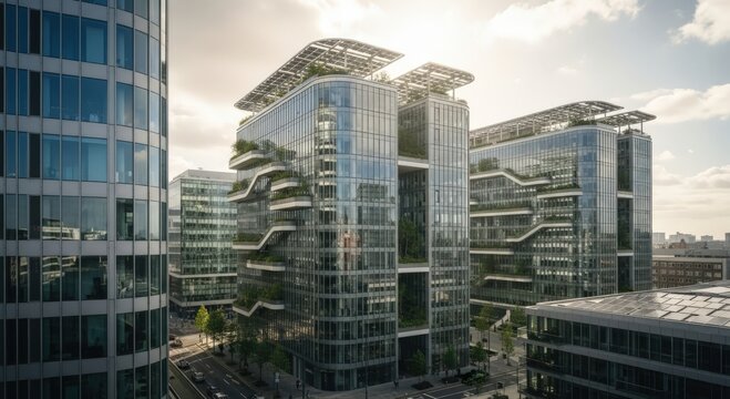 Modern skyscrapers with a beautiful reflection of the sky and surrounding structures. The glass facade allows light to penetrate into the interior spaces of the building.
