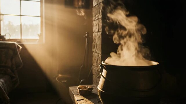 Steam rising from a cauldron in a dimly lit room with sunlight - Witchcore Vibes