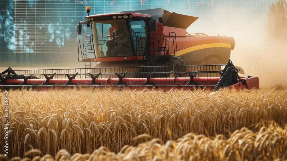 Poster a red combine harvester is driving through a field of wheat. the combine harvester is surrounded by 