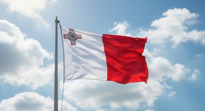 Malta National Flag Waving on Tall Flagpole in Sky with Clouds – Malta Independence Day Celebration, Patriotism, Freedom, Malta Culture & Heritage