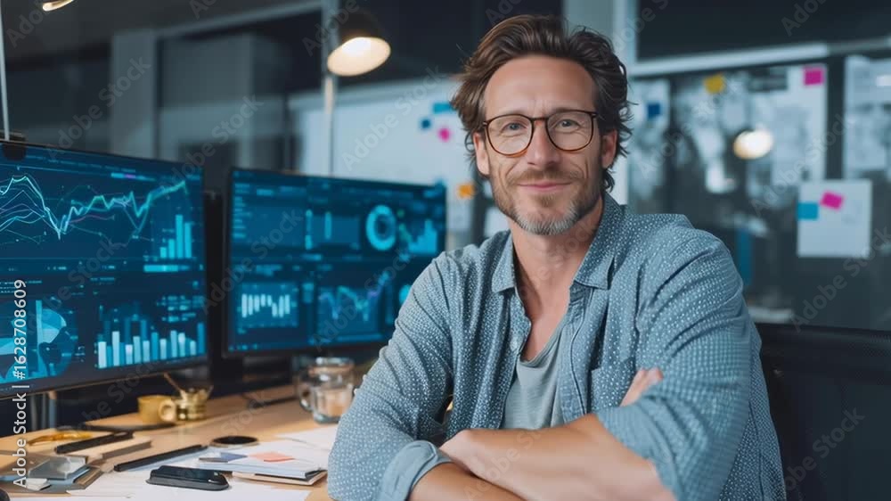 Poster a man is sitting at a desk with two computer monitors in front of him. he is smiling and he is happy