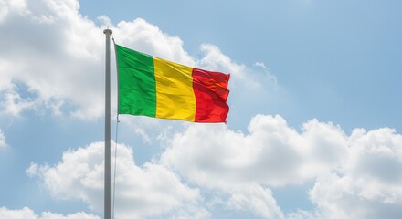 Mali National Flag Waving on Tall Flagpole in Sky with Clouds – Mali Independence Day Celebration, Patriotism, Freedom, Mali Culture & Heritage