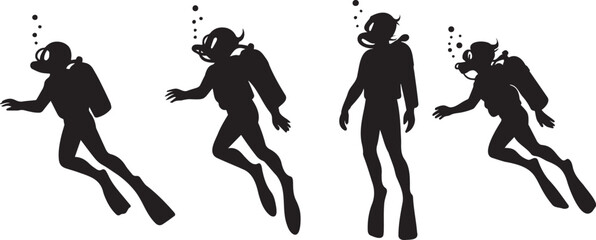 Scuba Divers Silhouette Set | Underwater Motion & Exploration Vector Pack