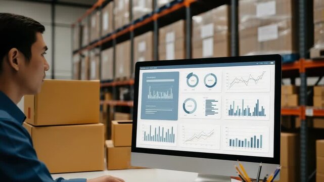 A focused professional analyzes data on a computer screen in a warehouse surrounded by stacked boxes highlighting inventory management and operational efficiency in a logistics setting
