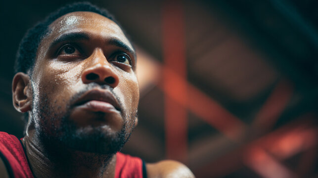Close up of a sweaty african american basketball player looking up with a determined expression