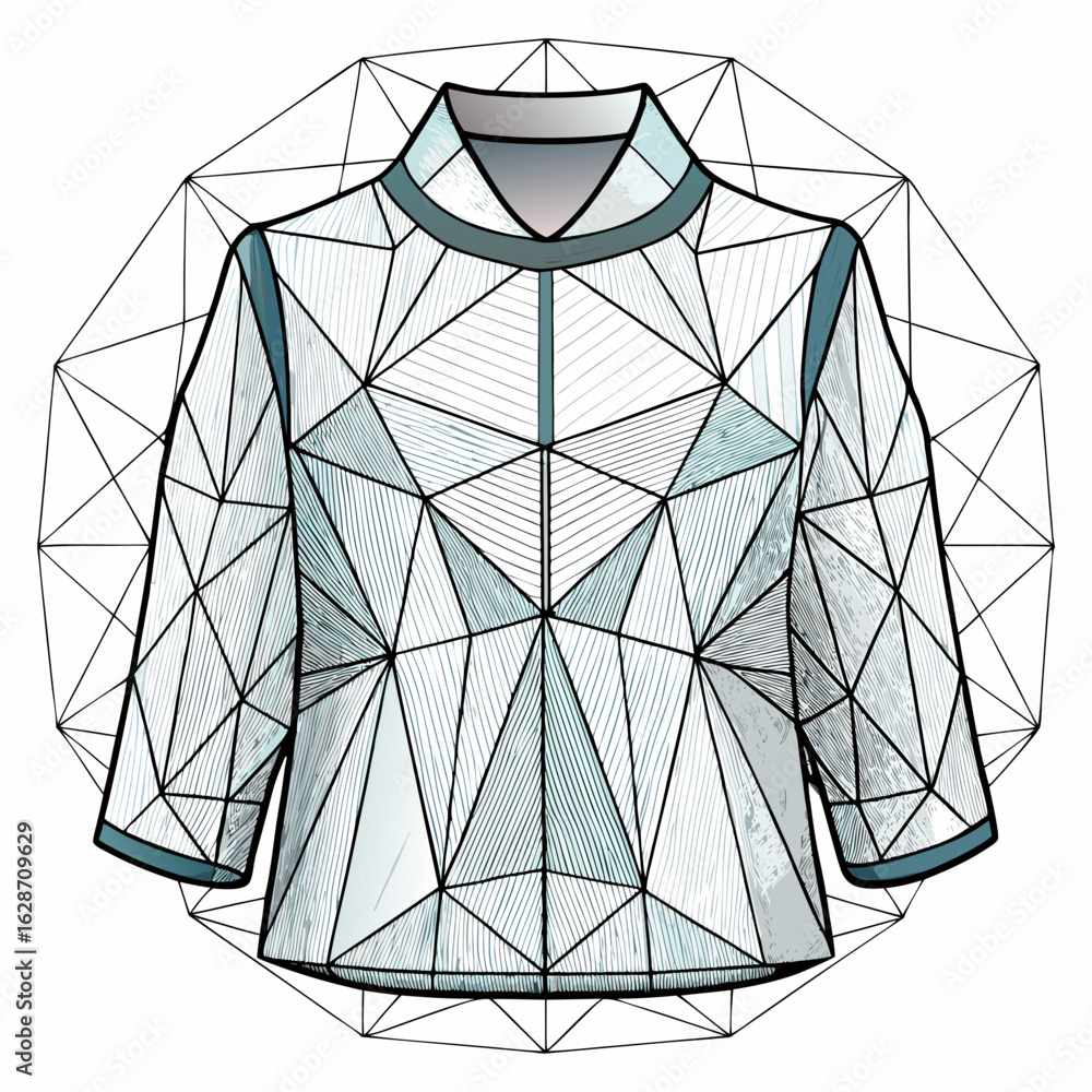 Poster geometric patterned blouse with a unique polygonal design and artistic linework isolated on white ba