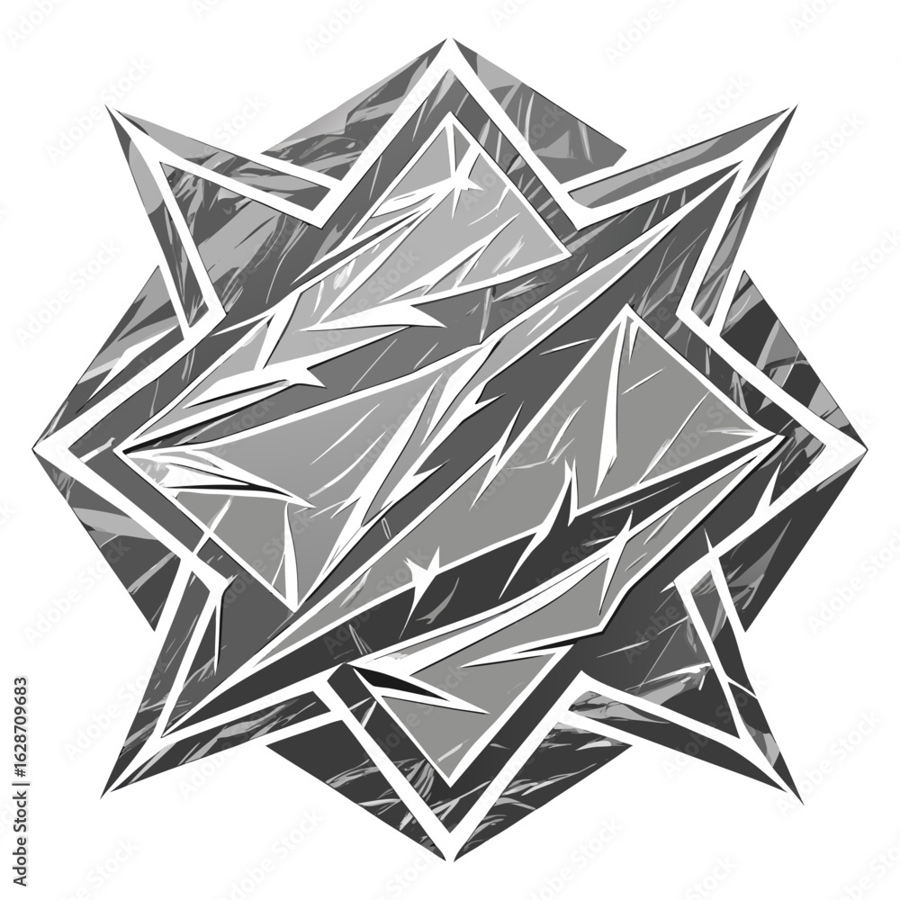 Poster abstract geometric star shape with sharp edges and a distressed grunge texture in shades of grey and