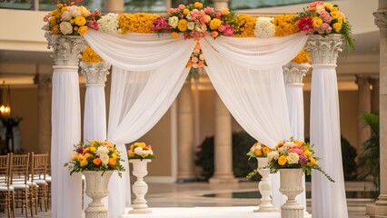 Fototapeta premium Elegant wedding chuppah decorated with white drapes and colorful flowers