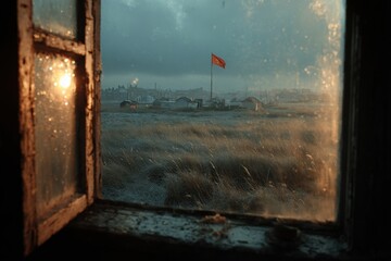 A view through a dusty window showing distant fields and a raised flag in the breeze