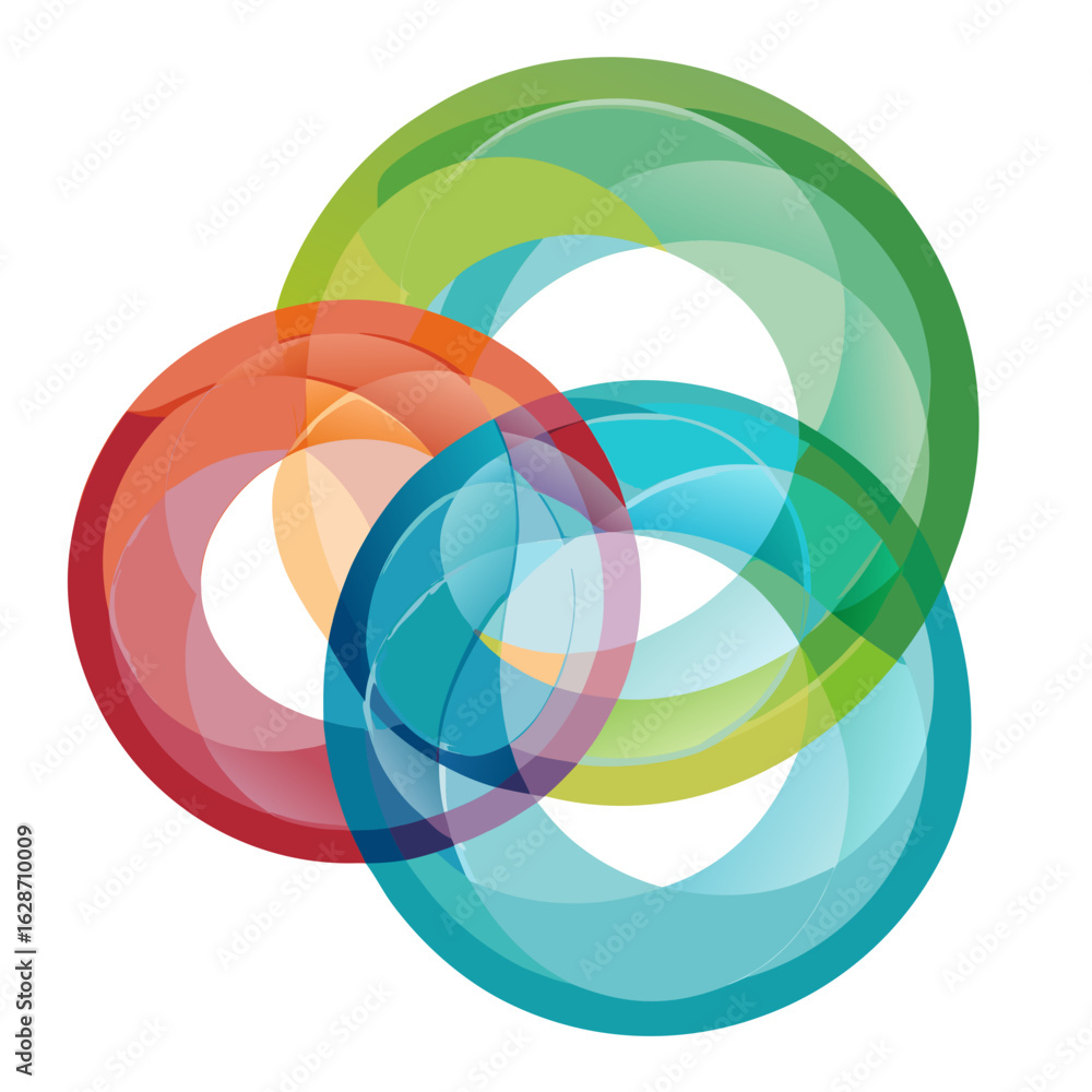 Poster interlocking abstract colorful rings with transparency and gradient effects isolated on white backgr