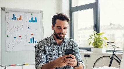 A focused young man in a patterned shirt sits at a modern office desk engaged with his smartphone while business graphs and a bicycle are visible in the bright background - Powered by Adobe