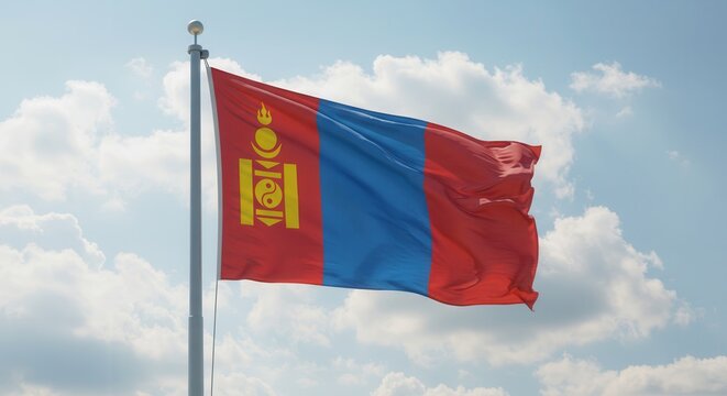 Mongolia National Flag Waving on Tall Flagpole in Sky with Clouds – Mongolia Independence Day Celebration, Patriotism, Freedom, Mongolian Culture & Heritage
