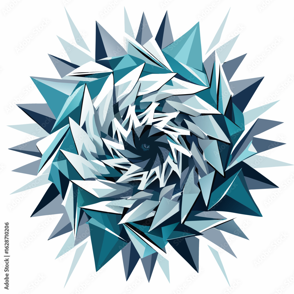 Poster abstract geometric fractal snowflake design with sharp icy blue and white polygonal elements swirlin