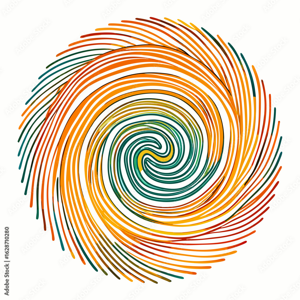 Poster vibrant abstract swirling lines forming a circular vortex pattern with warm and cool color gradients