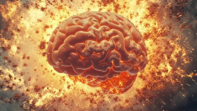 A brain is on fire in a fiery explosion. The brain is surrounded by flames and smoke, and it is in a state of chaos. Concept of destruction and danger