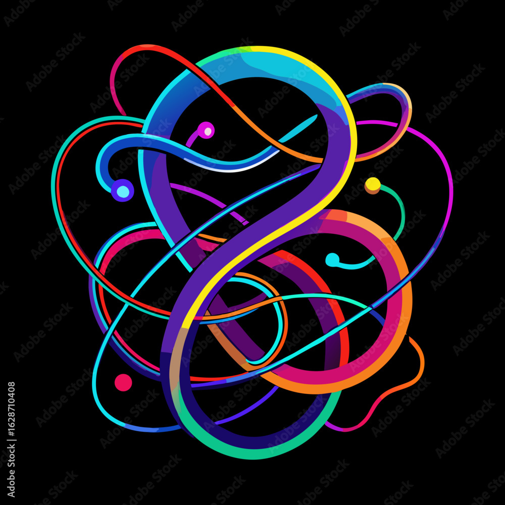 Poster abstract colorful swirling ribbons forming a complex knot shape with gradient colors on a black back