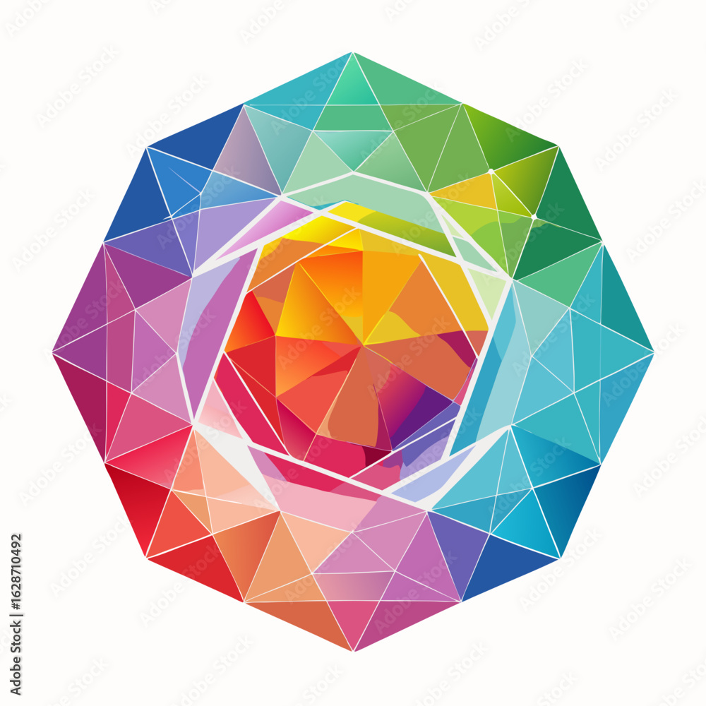 Poster abstract geometric kaleidoscope with vibrant rainbow colors and sharp edges isolated on white backgr