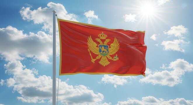 Montenegro National Flag Waving on Tall Flagpole in Sky with Clouds – Montenegro Independence Day Celebration, Patriotism, Freedom, Montenegro Culture & Heritage
