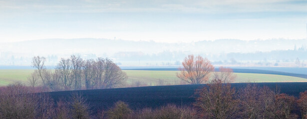 Panoramic rural landscape plowed and green fields leafless trees foreground blurred outlines hills foggy distance light sky