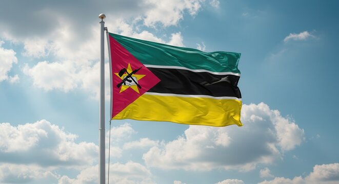 Mozambique National Flag Waving on Tall Flagpole in Sky with Clouds &ndash; Mozambique Independence Day Celebration, Patriotism, Freedom, Mozambique Culture & Heritage