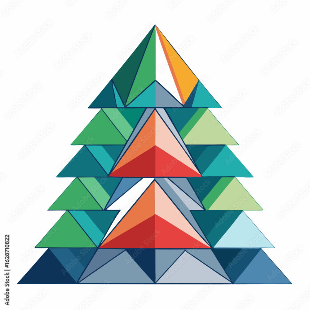 Poster abstract geometric christmas tree composed of colorful triangles and pyramids isolated on white back