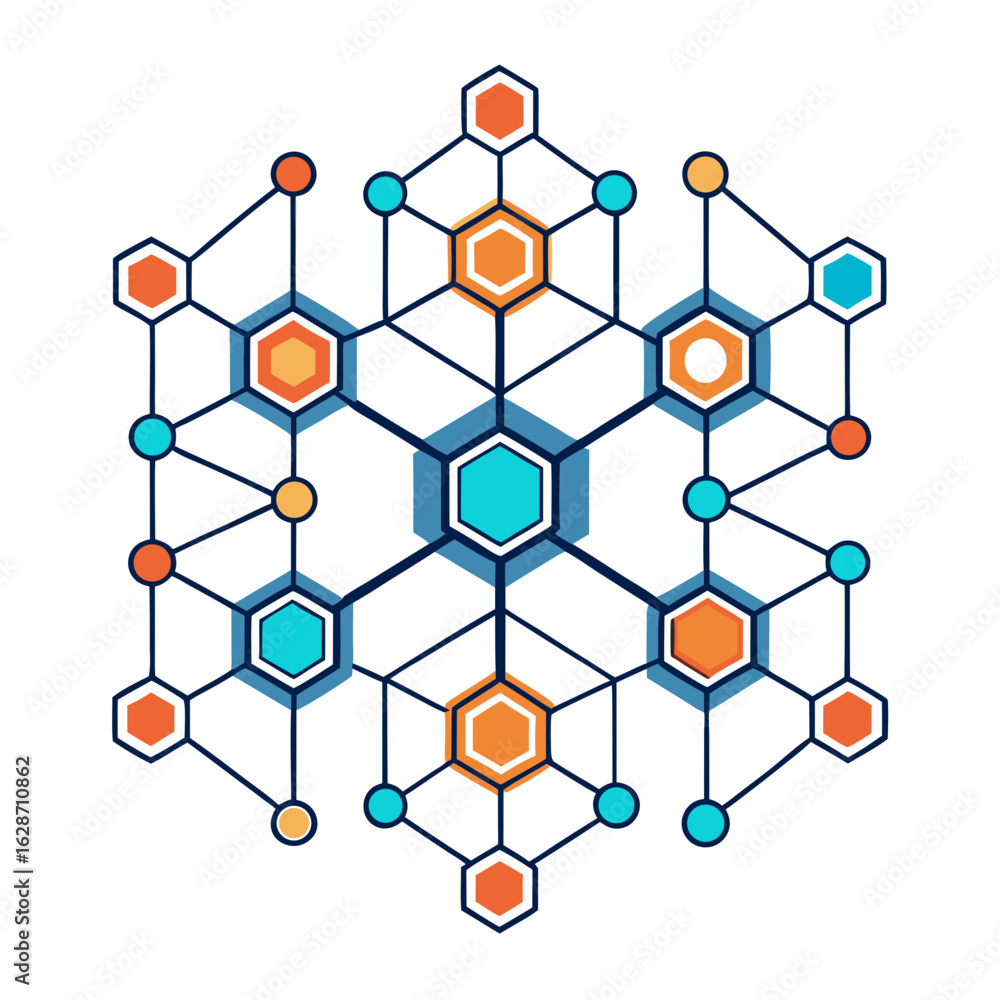 Poster abstract geometric network of interconnected hexagons and circles in blue orange and teal isolated o