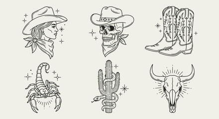 Vector art of western cowboy and cowgirl tattoo style illustration set