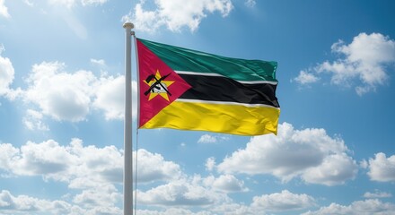 Mozambique National Flag Waving on Tall Flagpole in Sky with Clouds – Mozambique Independence Day Celebration, Patriotism, Freedom, Mozambique Culture & Heritage