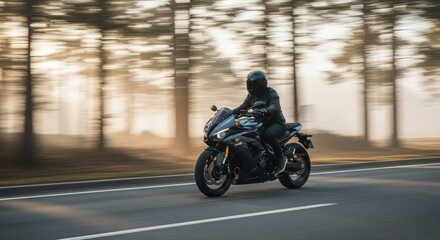 Obraz premium A lone rider speeds down a road on a sleek motorcycle with speed and movement, a blurred background suggests motion and the open road