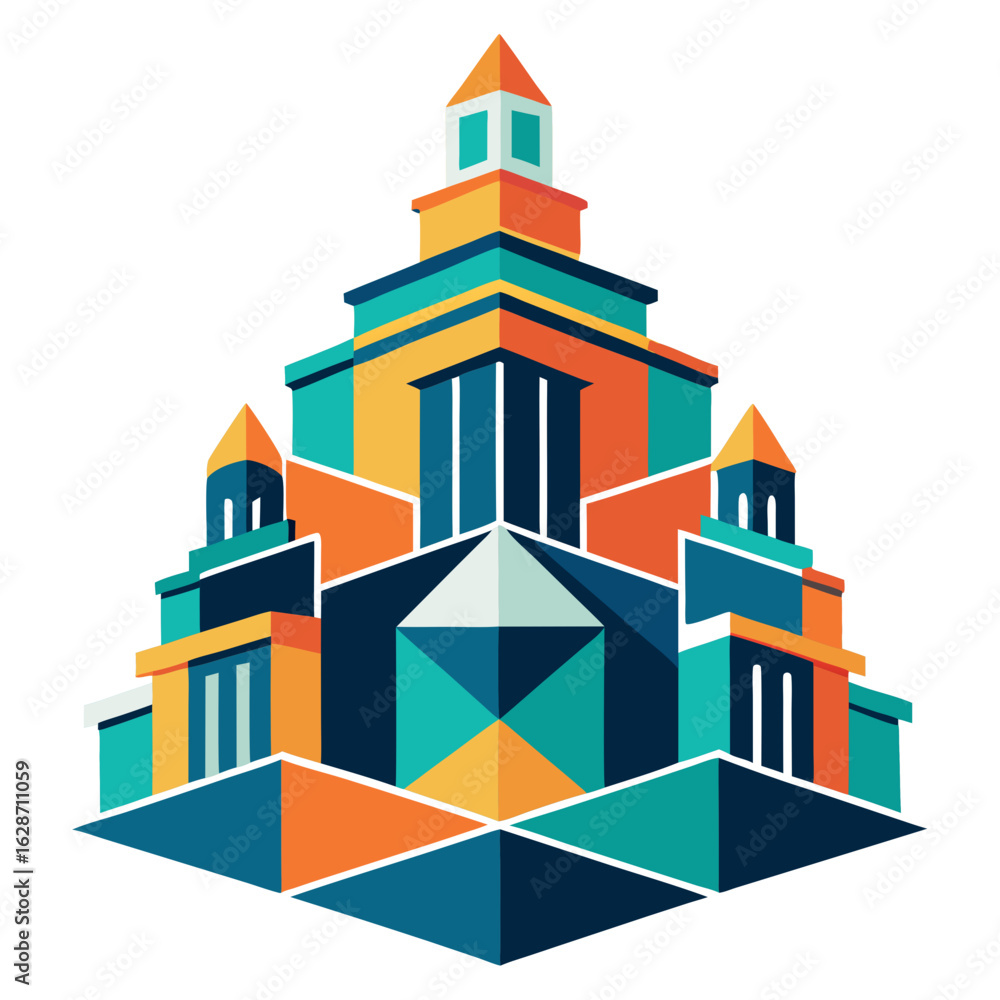 Poster abstract geometric building with towers and colorful facets isolated on white background isolated on