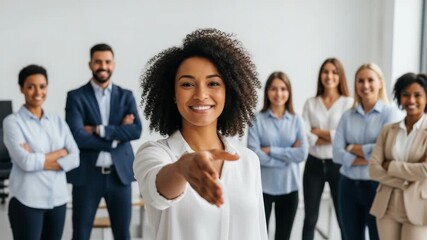 A diverse group of professionals in a modern office setting with a smiling woman extending her hand for a handshake symbolizing teamwork and collaboration in a positive work environment - Powered by Adobe