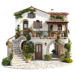 Charming Mediterranean House Lush Greenery Stone Staircase Balcony isolated on transparent background cutout