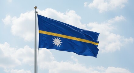 Nauru National Flag Waving on Tall Flagpole in Sky with Clouds – Nauru Independence Day Celebration, Patriotism, Freedom, Nauru Culture & Heritage
