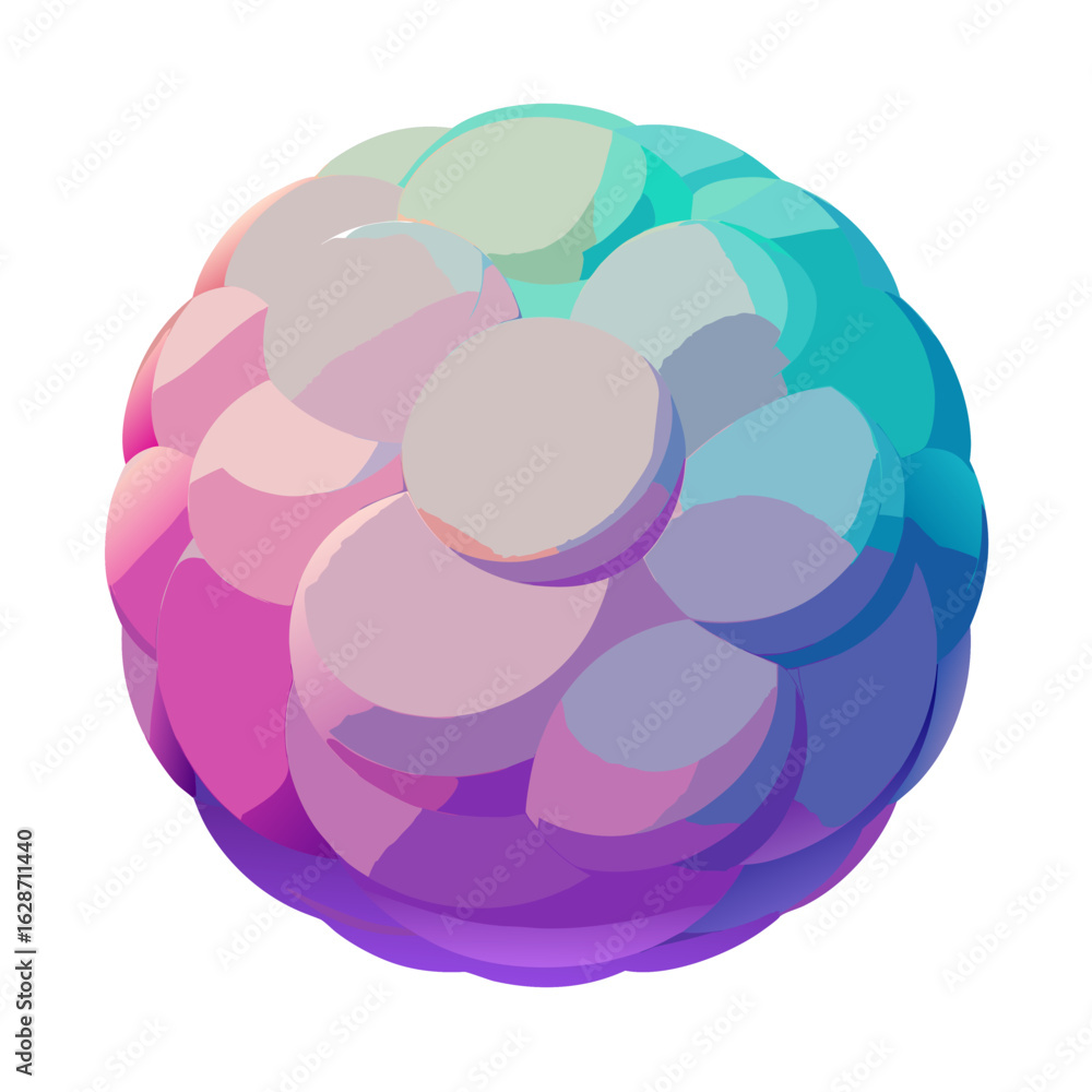 Poster abstract sphere composed of overlapping circular shapes with a vibrant gradient of pink purple blue 