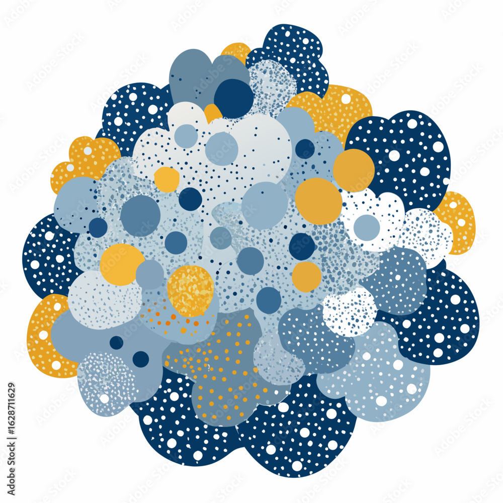 Poster abstract organic shapes with textured dots and circles in blue and yellow color palette isolated on 