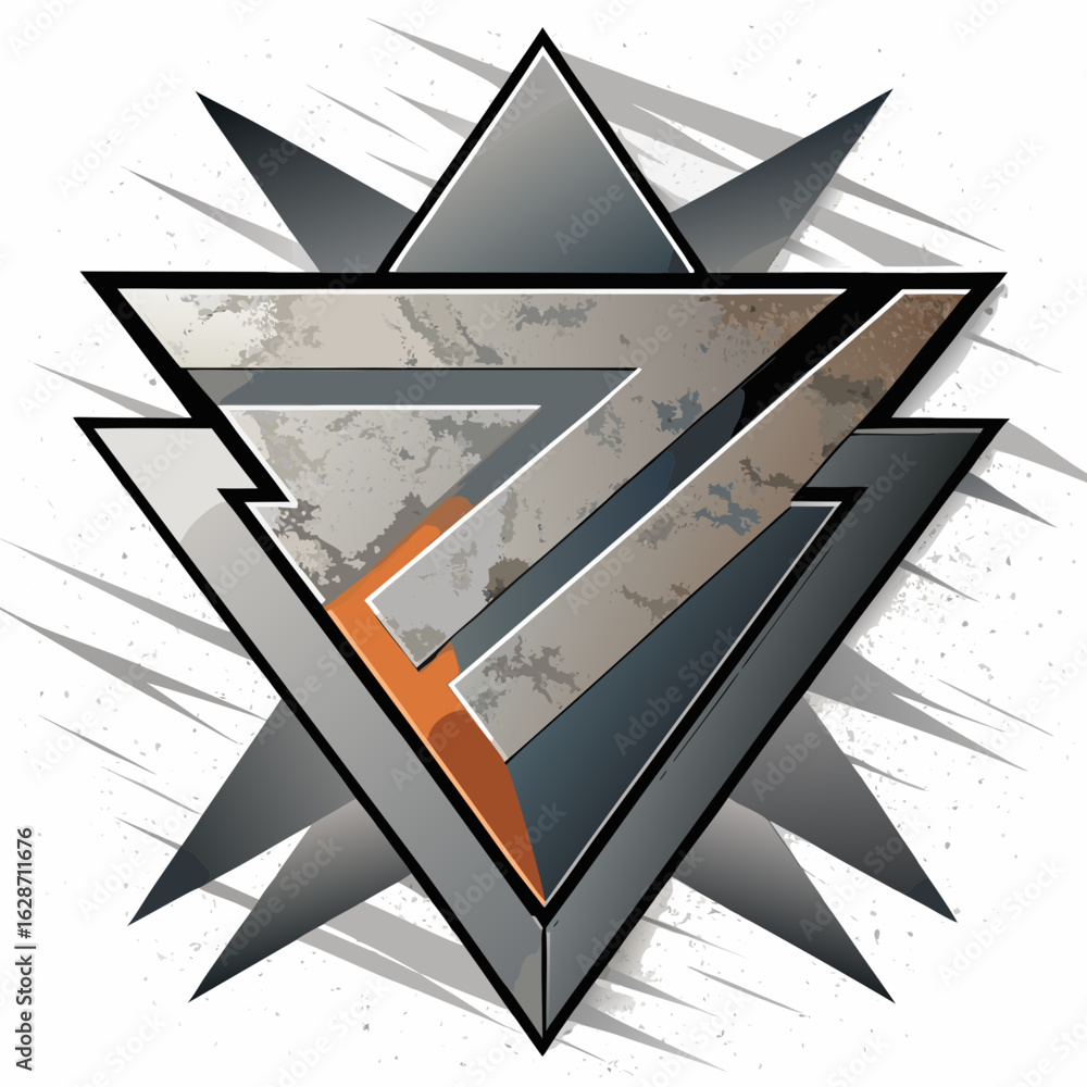 Poster abstract geometric emblem with sharp edges and textured metallic elements isolated on white backgrou