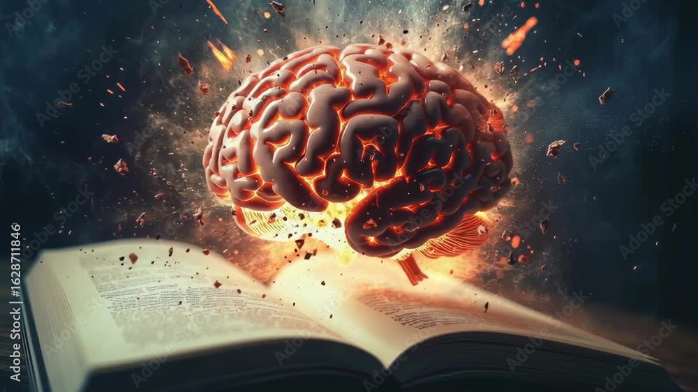 Poster a brain is exploding out of a book, with the words 