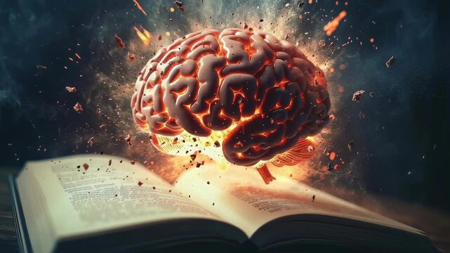 A brain is exploding out of a book, with the words "brain" and "book" visible on the pages. Concept of chaos and destruction, as the brain is being torn apart and scattered across the pages