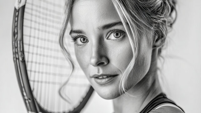 Close up of a woman with tennis racket in black and white portrait looking at the camera with a smile