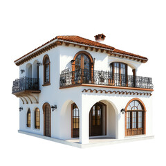 Spanish Style House Architectural Design White Walls Brown Roof Balcony, isolated on transparent background cutout