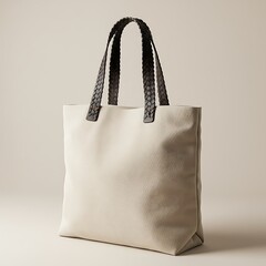Light Beige Tote Bag with Braided Dark Brown Handles